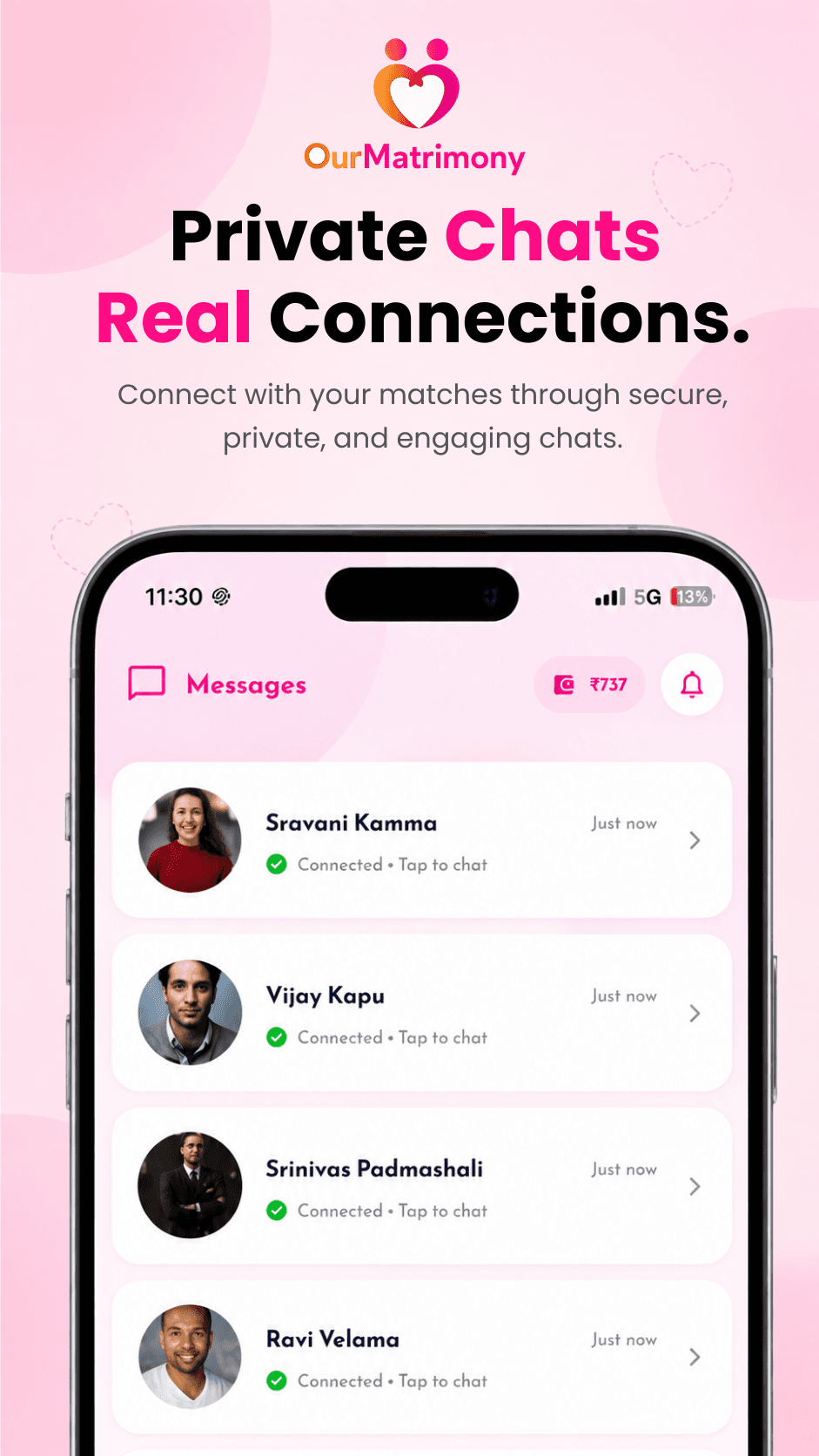 OurMatrimony Messages screen showing connected matches in private chat list