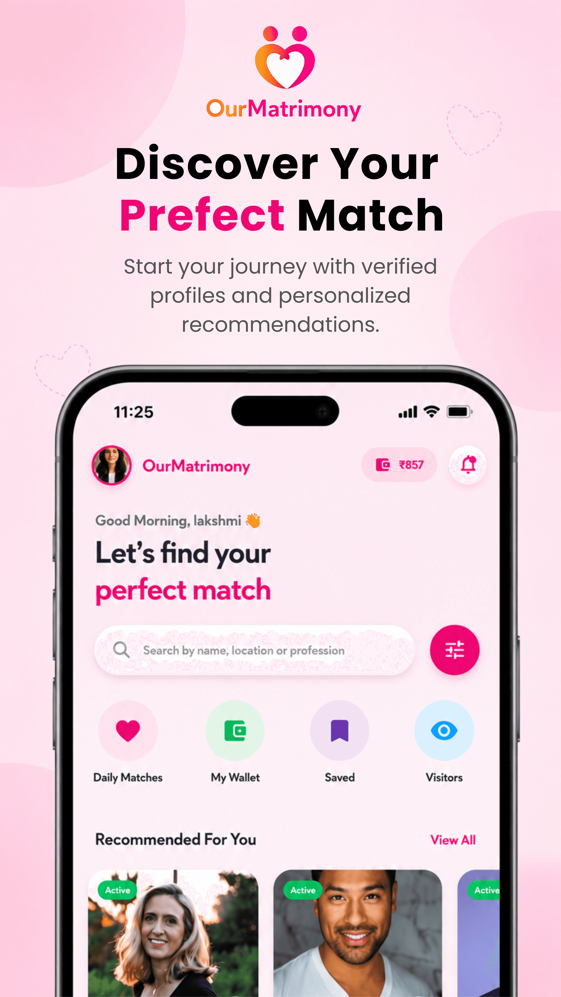 OurMatrimony Android app home screen showing Daily Matches, My Wallet, Saved, Visitors, and Recommended profiles
