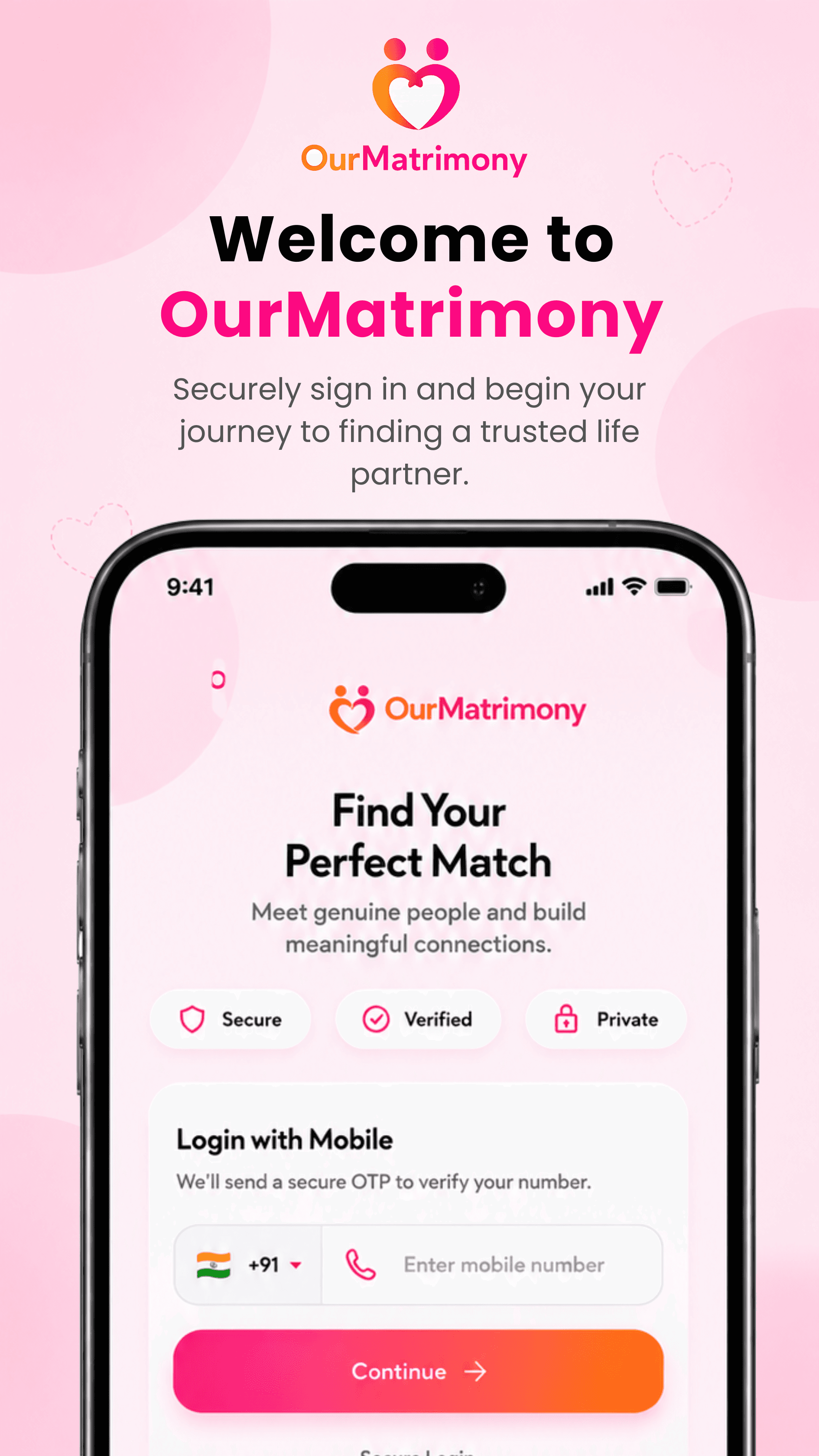 Welcome to OurMatrimony login screen with +91 mobile number input and Secure, Verified, Private badges